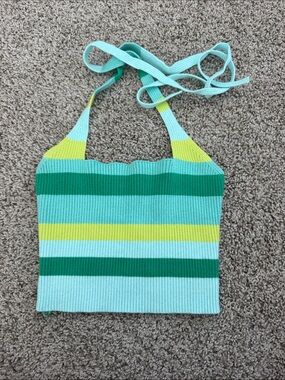Girls' Striped Halter Swim Top - Aqua, Green & Yellow
